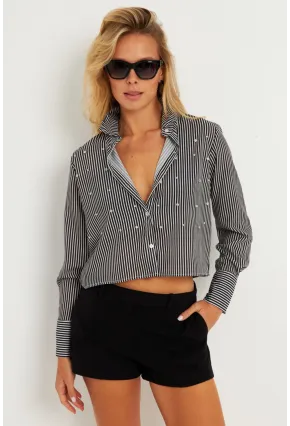 Kadın Siyah Taşlı Çizgili Kısa Gömlek ZER407