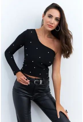 Kadın Siyah Taşlı Tek Kol Crop Bluz HOL2