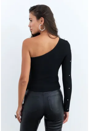 Kadın Siyah Taşlı Tek Kol Crop Bluz HOL2