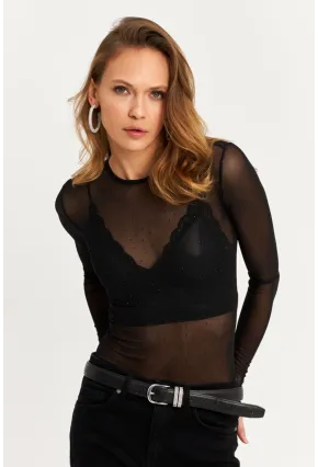 Kadın Siyah Taşlı Tül Body KED2116