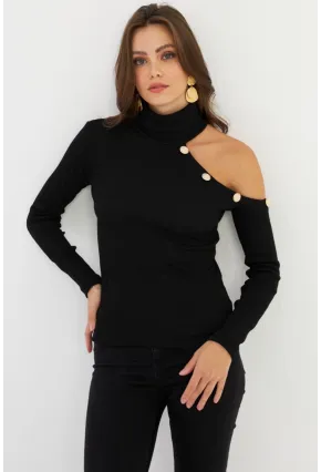 Kadın Siyah Tek Omuz Açık Kaşkorse Balıkçı Bluz EY2947