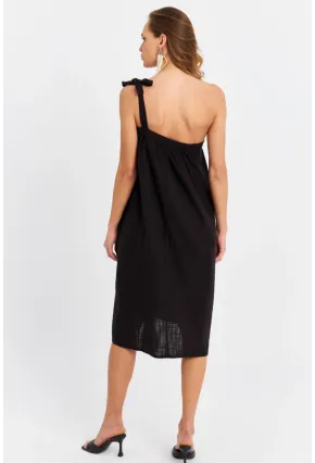 Kadın Siyah Tek Omuz Asimetrik Yaka Midi Elbise PC10813