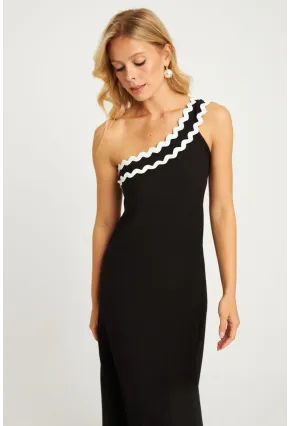 Kadın Siyah Tek Omuz Bürümcük Midi Elbise EY2830