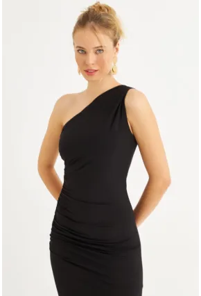Kadın Siyah Tek Omuz Büzgülü Midi Elbise DMR294-90