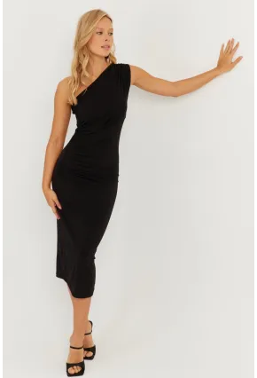 Kadın Siyah Tek Omuz Büzgülü Midi Elbise MEN2039