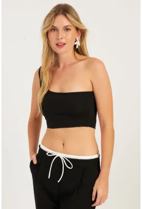 Kadın Siyah Tek Omuz Crop Bluz CG338