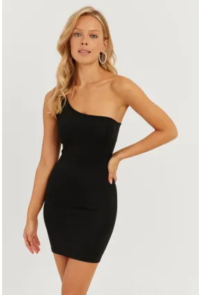 Kadın Siyah Tek Omuz Mini Elbise CG332