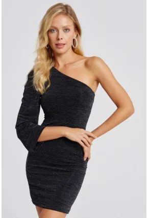 Kadın Siyah Tek Omuz Simli Mini Elbise MON116