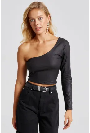 Kadın Siyah Tek Omuz Suni Deri Crop Bluz CY442