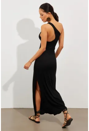Kadın Siyah Tek Omuz Yırtmaçlı Maxi Elbise EY2498