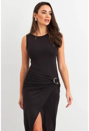 Kadın Siyah Toka Aksesuarlı Yırtmaçlı Midi Elbise EY3023