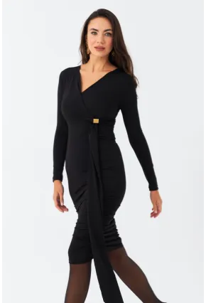 Kadın Siyah Toka Detaylı Drapeli Şık Midi Elbise FRY2261