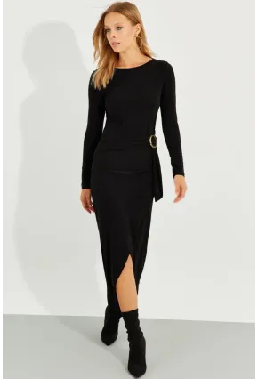Kadın Siyah Tokalı Anvelop Maxi Elbise BK272020