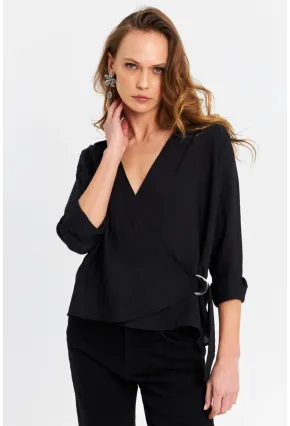 Kadın Siyah Tokalı Kruvaze Gömlek MRS15744