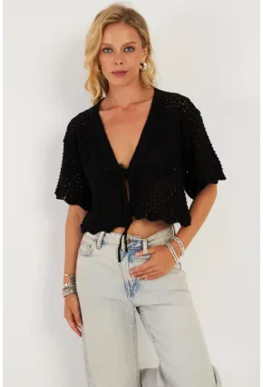 Kadın Siyah Triko Ajurlu Hırka YV255