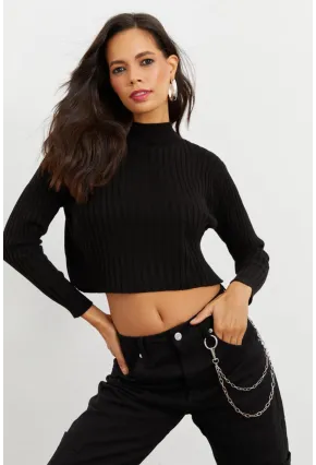 Kadın Siyah Triko Bluz AFŞ7252-9