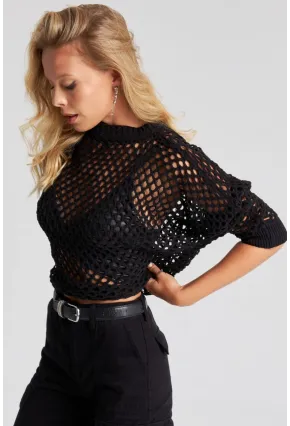 Kadın Siyah Triko File Bluz YV216