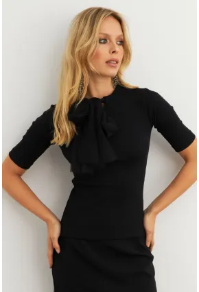 Kadın Siyah Tül Bağlamalı Kaşkorse Bluz EY3014