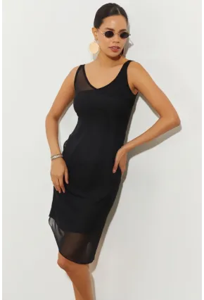 Kadın Siyah Tül Detaylı Asimetrik Mini Elbise B2475