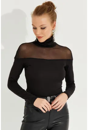Kadın Siyah Tül Detaylı Balıkçı Bluz MEY2607