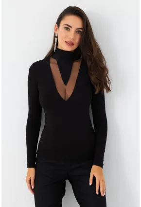 Kadın Siyah Tül Detaylı Bluz EY2977