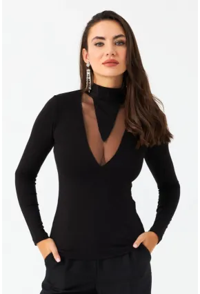 Kadın Siyah Tül Detaylı Bluz EY2977