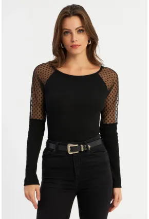 Kadın Siyah Tül Detaylı Kaşkorse Bluz EY2943