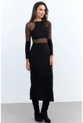 Kadın Siyah Tül Detaylı Midi Elbise ELT3834