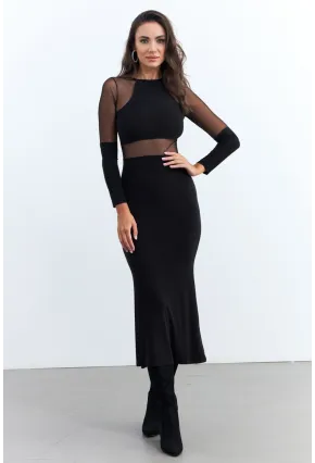 Kadın Siyah Tül Detaylı Midi Elbise ELT3834