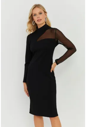 Kadın Siyah Tül Detaylı Midi Elbise ST5022