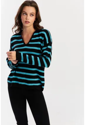 Kadın Siyah-Turkuaz Polo Yaka Çizgili Triko Kazak SE01