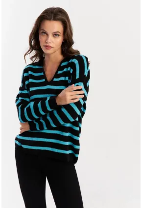 Kadın Siyah-Turkuaz Polo Yaka Çizgili Triko Kazak SE01