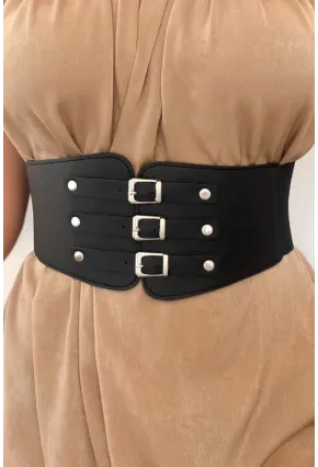 Kadın Siyah Üç Tokalı Lastikli Korse Kemer BE642