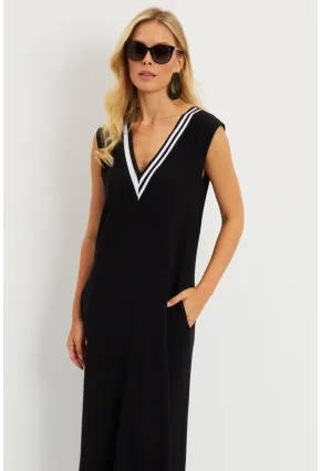 Kadın Siyah V Yaka Bloklu Maxi Elbise EY2779