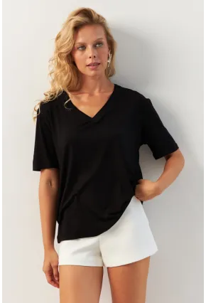 Kadın Siyah V Yaka Bluz RX441
