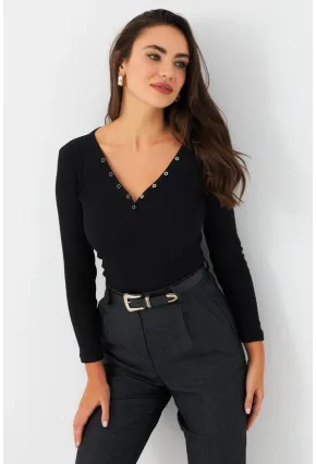 Kadın Siyah V Yaka Çıtçıtlı Kaşkorse Bluz MTF43