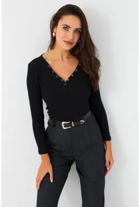 Kadın Siyah V Yaka Çıtçıtlı Kaşkorse Bluz TF43