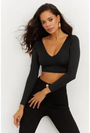 Kadın Siyah V Yaka Crop Bluz CG265