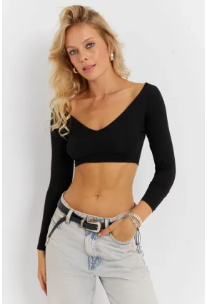 Kadın Siyah V Yaka Crop Bluz CG368