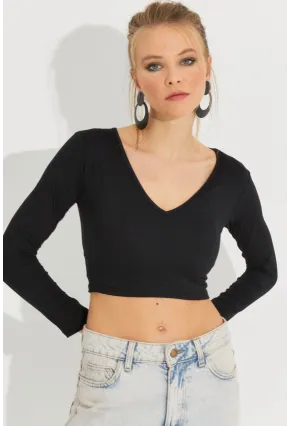 Kadın Siyah V Yaka Crop Bluz LPP1241