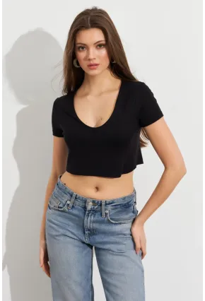 Kadın Siyah V Yaka Crop Bluz TOP101