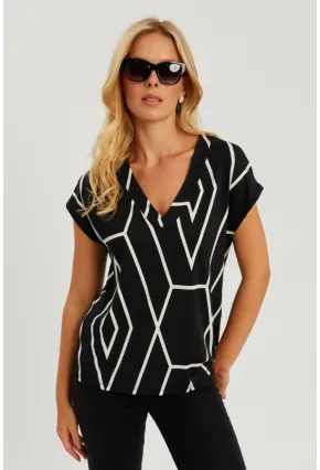 Kadın Siyah V Yaka Desenli Bluz AYD320