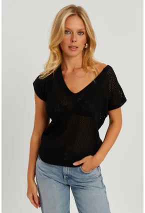 Kadın Siyah V Yaka Fileli Bluz SMT230