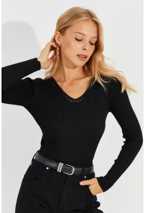 Kadın Siyah V Yaka Fitilli Triko Bluz SMT216