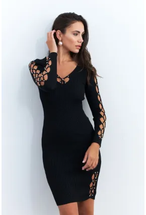 Kadın Siyah V Yaka İncili Triko Midi Elbise RM08