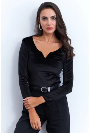 Kadın Siyah V Yaka Kadife Bluz EY2965