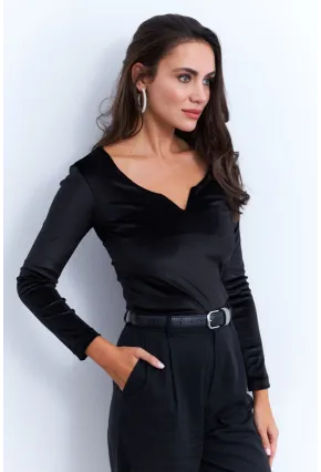 Kadın Siyah V Yaka Kadife Bluz EY2965