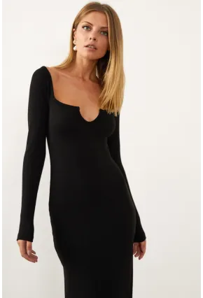 Kadın Siyah V Yaka Maxi Kaşkorse Elbise EY1086