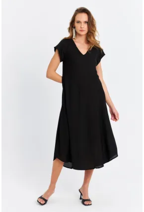 Kadın Siyah V Yaka Midi Elbise PC22649