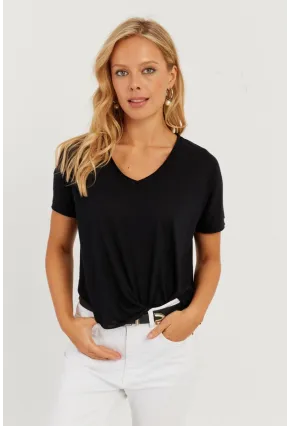 Kadın Siyah V Yaka Salaş T-Shirt LPP1271